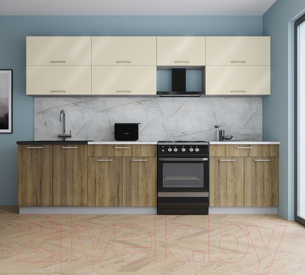 Изображение товара Кухонный гарнитур Интерлиния Мила Gloss 60-30 (ваниль глянец/дуб вотан/травертин серый)