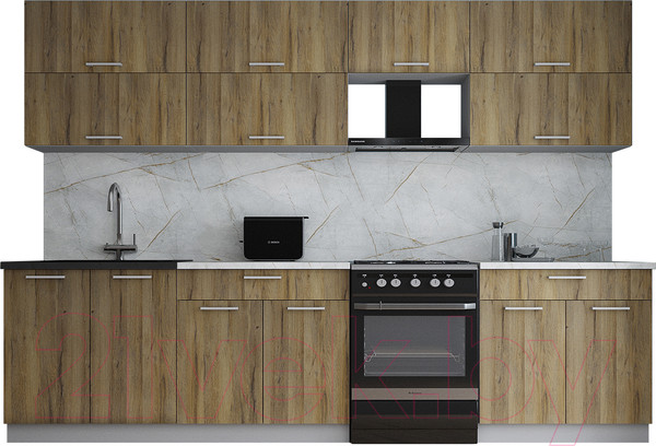 Изображение товара Кухонный гарнитур Интерлиния Мила Gloss 60-30 (дуб вотан/дуб вотан/травертин серый)