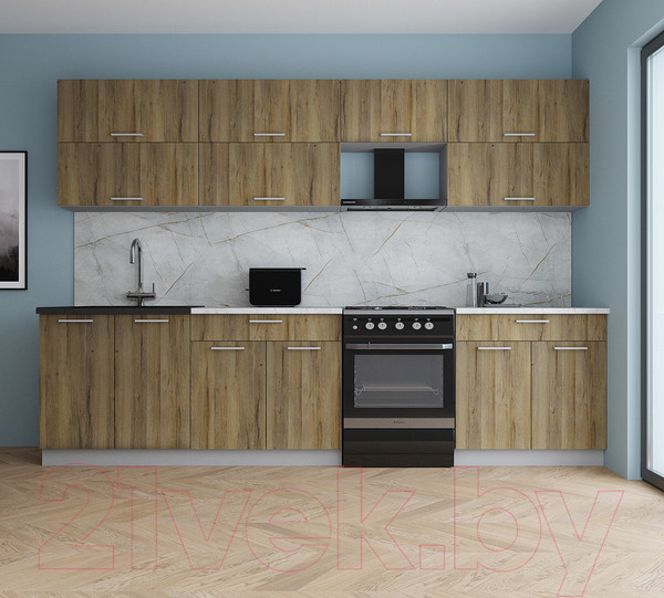 Изображение товара Кухонный гарнитур Интерлиния Мила Gloss 60-30 (дуб вотан/дуб вотан/травертин серый)