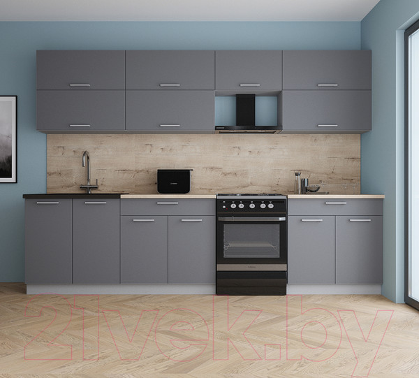 Изображение товара Кухонный гарнитур Интерлиния Мила Gloss 60-30 (серый/серый/травертин серый)