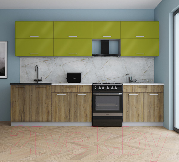 Изображение товара Кухонный гарнитур Интерлиния Мила Gloss 60-30 (яблоко глянец/дуб вотан/травертин серый)