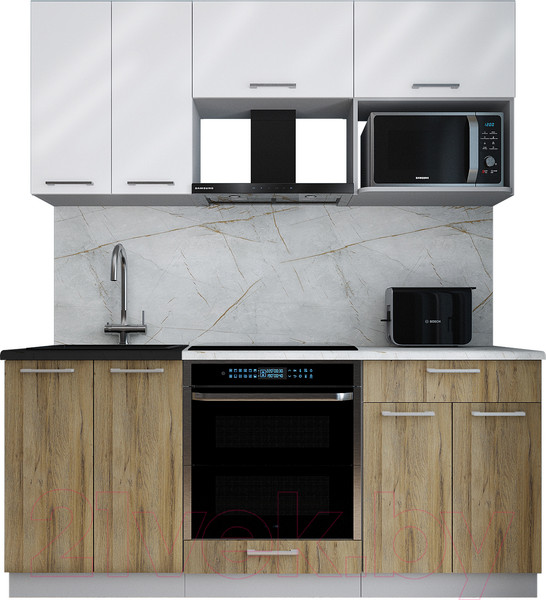 Изображение товара Кухонный гарнитур Интерлиния Мила Gloss 1.8 (белый глянец/дуб вотан/травертин серый)