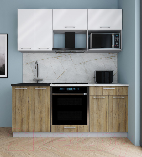 Изображение товара Кухонный гарнитур Интерлиния Мила Gloss 1.8 (белый глянец/дуб вотан/травертин серый)