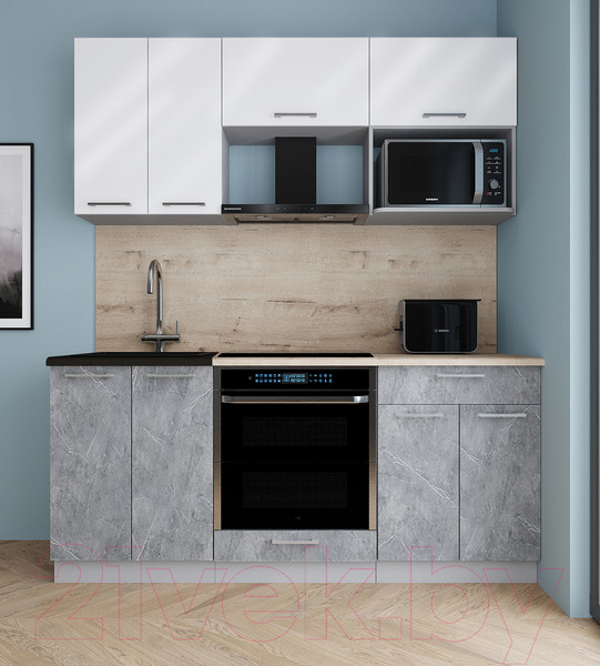 Изображение товара Кухонный гарнитур Интерлиния Мила Gloss 1.8 (белый глянец/керамика/травертин серый)