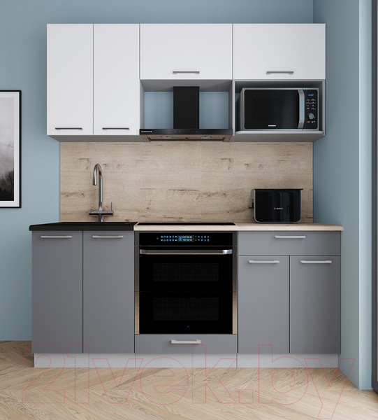 Изображение товара Кухонный гарнитур Интерлиния Мила Gloss 1.8 (белый/серый/травертин серый)