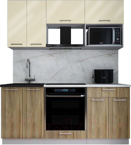 Изображение товара Кухонный гарнитур Интерлиния Мила Gloss 1.8 (ваниль глянец/дуб вотан/травертин серый)