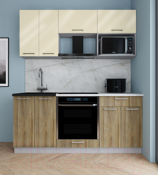 Изображение товара Кухонный гарнитур Интерлиния Мила Gloss 1.8 (ваниль глянец/дуб вотан/травертин серый)