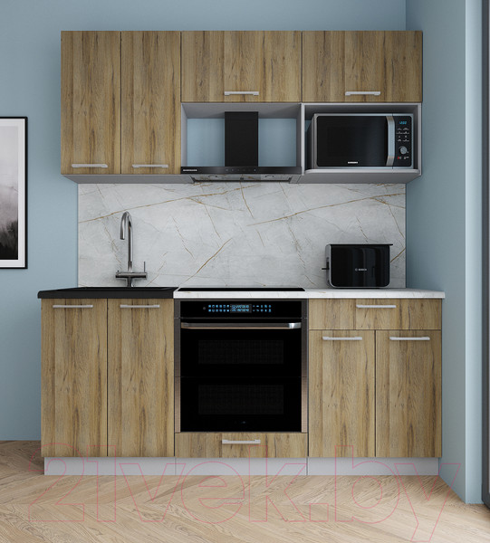 Изображение товара Кухонный гарнитур Интерлиния Мила Gloss 1.8 (дуб вотан/дуб вотан/травертин серый)