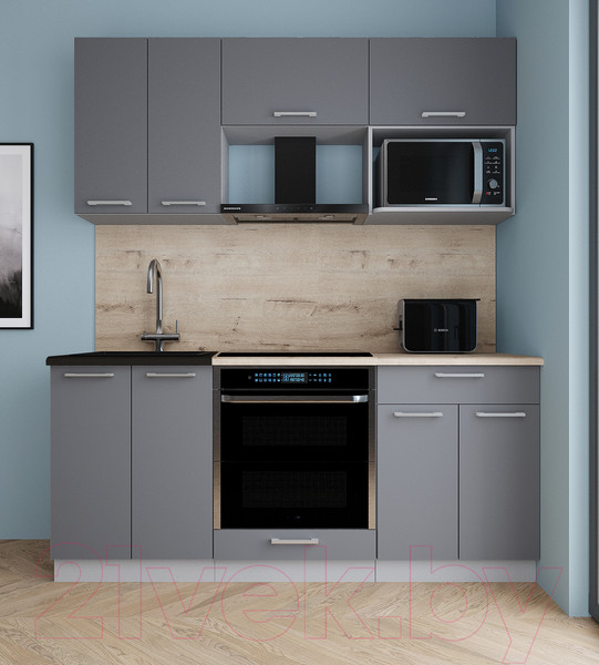 Изображение товара Кухонный гарнитур Интерлиния Мила Gloss 1.8 (серый/серый/травертин серый)