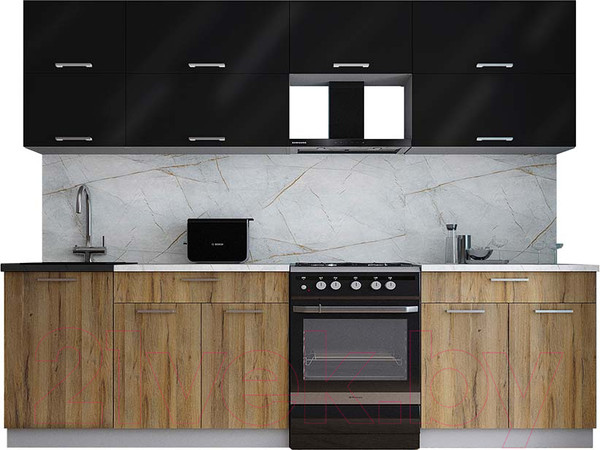 Изображение товара Кухонный гарнитур Интерлиния Мила Gloss 60-27 (черный глянец/дуб вотан/травертин серый)