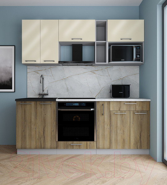 Изображение товара Кухонный гарнитур Интерлиния Мила Gloss 2.0 (ваниль глянец/дуб вотан/травертин серый)