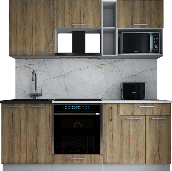 Изображение товара Кухонный гарнитур Интерлиния Мила Gloss 2.0 (дуб вотан/дуб вотан/травертин серый)