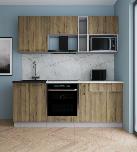 Изображение товара Кухонный гарнитур Интерлиния Мила Gloss 2.0 (дуб вотан/дуб вотан/травертин серый)
