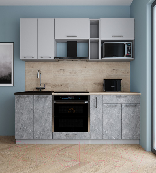 Изображение товара Кухонный гарнитур Интерлиния Мила Gloss 2.0 (грей/керамика/травертин серый)