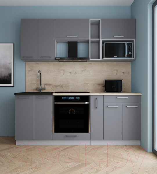 Изображение товара Кухонный гарнитур Интерлиния Мила Gloss 2.0 (серый/серый/травертин серый)