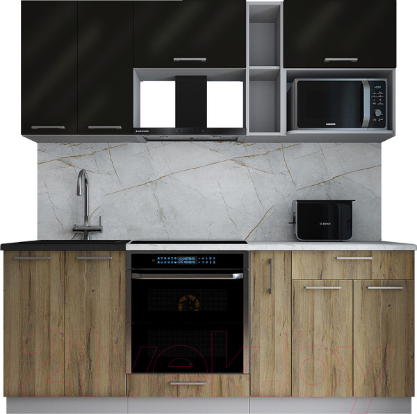 Изображение товара Кухонный гарнитур Интерлиния Мила Gloss 2.0 (черный глянец/дуб вотан/травертин серый)