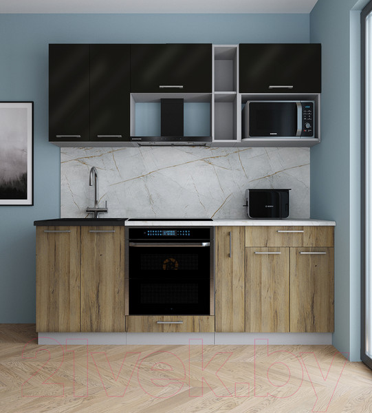 Изображение товара Кухонный гарнитур Интерлиния Мила Gloss 2.0 (черный глянец/дуб вотан/травертин серый)