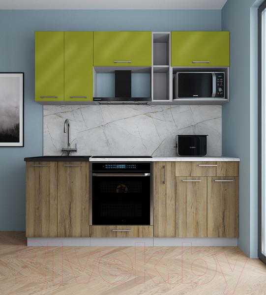 Изображение товара Кухонный гарнитур Интерлиния Мила Gloss 2.0 (яблоко глянец/дуб вотан/травертин серый)