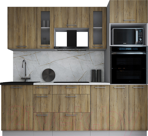 Изображение товара Кухонный гарнитур Интерлиния Мила Gloss 2.3 (дуб вотан/дуб вотан/травертин серый)