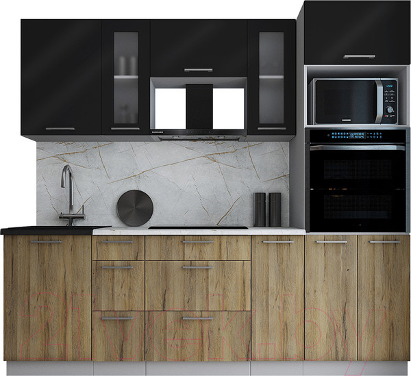 Изображение товара Кухонный гарнитур Интерлиния Мила Gloss 2.3 (черный глянец/дуб вотан/травертин серый)