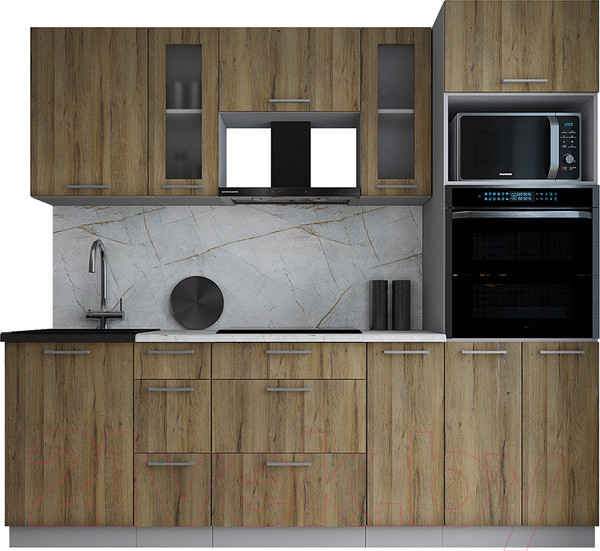 Изображение товара Кухонный гарнитур Интерлиния Мила Gloss 2.4 (дуб вотан/дуб вотан/травертин серый)