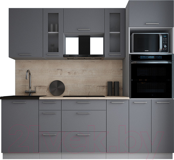 Изображение товара Кухонный гарнитур Интерлиния Мила Gloss 2.4 (серый/серый/травертин серый)