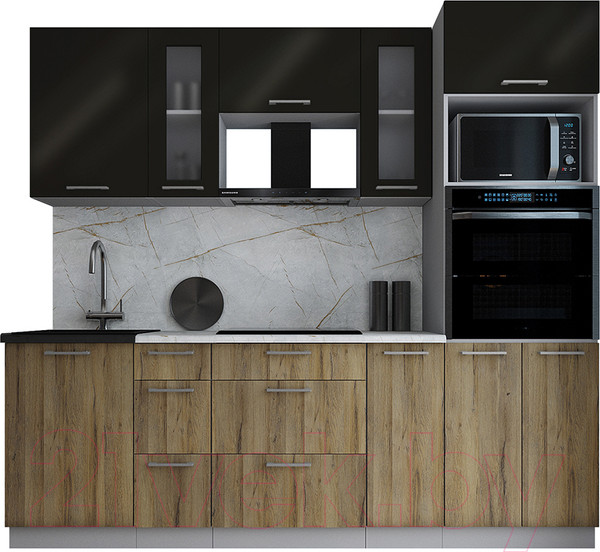 Изображение товара Кухонный гарнитур Интерлиния Мила Gloss 2.4 (черный глянец/дуб вотан/травертин серый)