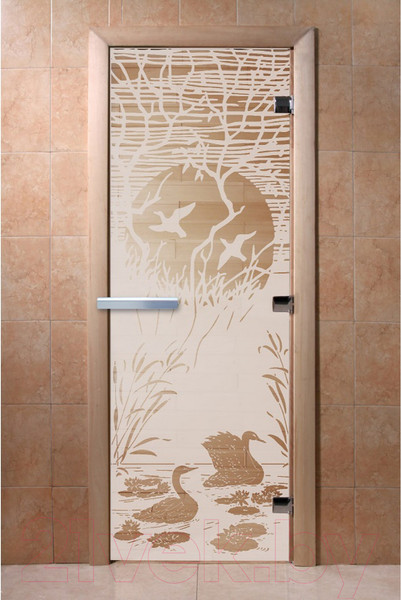 Изображение товара Стеклянная дверь для бани/сауны Doorwood Лебединое озеро 80x200 / DW00950 (сатин)