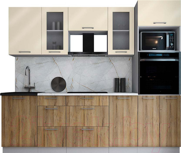 Изображение товара Кухонный гарнитур Интерлиния Мила Gloss 2.5 (ваниль глянец/дуб вотан/травертин серый)