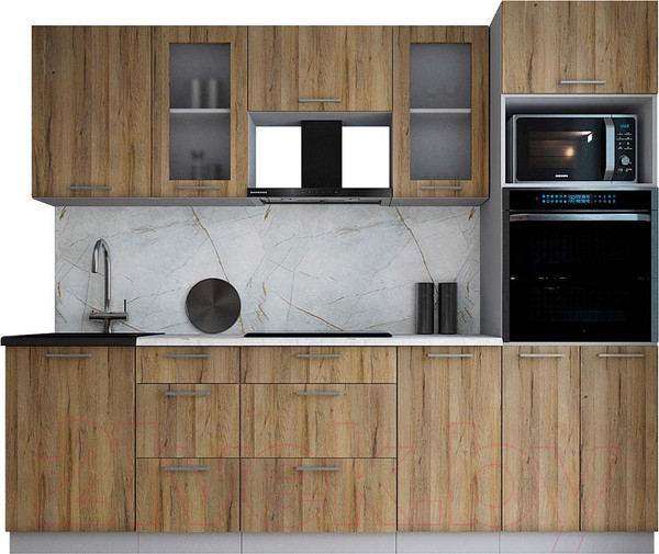 Изображение товара Кухонный гарнитур Интерлиния Мила Gloss 2.5 (дуб вотан/дуб вотан/травертин серый)