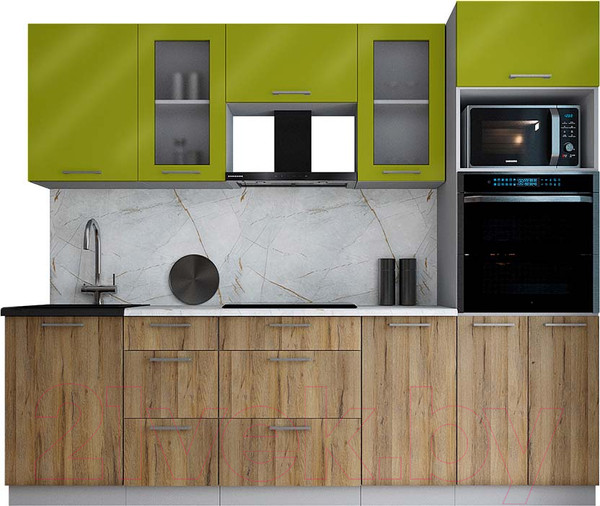 Изображение товара Кухонный гарнитур Интерлиния Мила Gloss 2.5 (яблоко глянец/дуб вотан/травертин серый)