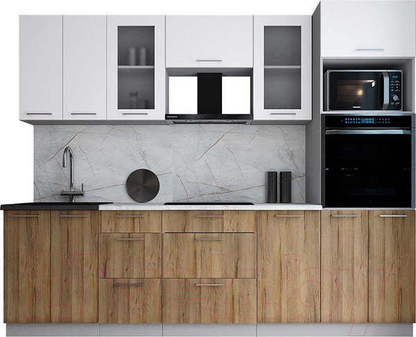 Изображение товара Кухонный гарнитур Интерлиния Мила Gloss 2.6 (белый/дуб вотан/травертин серый)