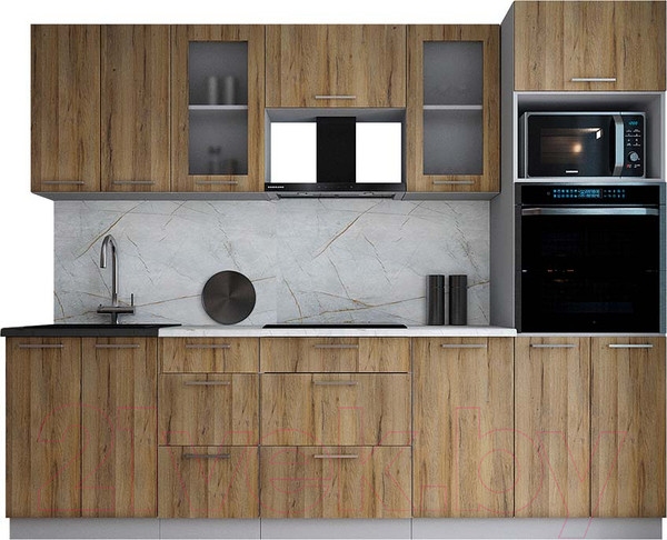 Изображение товара Кухонный гарнитур Интерлиния Мила Gloss 2.6 (дуб вотан/дуб вотан/травертин серый)