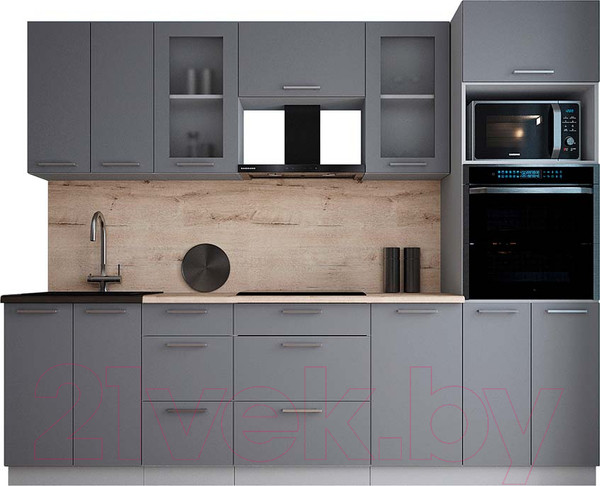 Изображение товара Кухонный гарнитур Интерлиния Мила Gloss 2.6 (серый/серый/травертин серый)