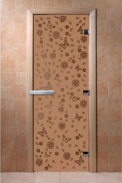 Изображение товара Стеклянная дверь для бани/сауны Doorwood Цветы и бабочки 70x190 / DW01298 (бронза матовый)