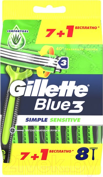 Изображение товара Набор бритвенных станков Gillette Blue 3 Simple Sensitive безопасные одноразовые (8шт)