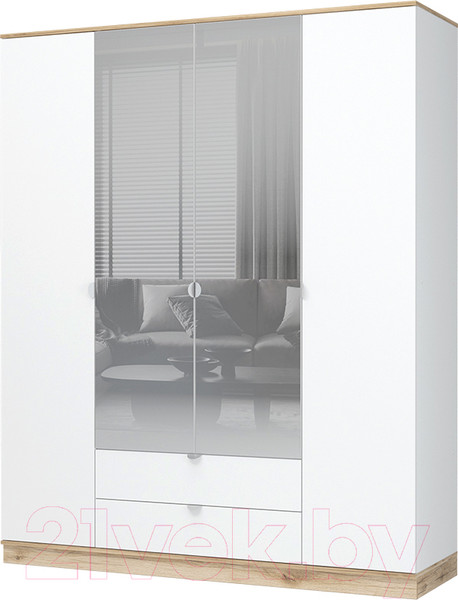 Изображение товара Шкаф Стендмебель Юкки ШК 2Я 1800 4х створчатый с зеркалом (белый/дуб делано)