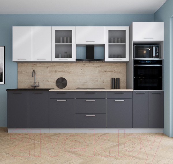 Изображение товара Кухонный гарнитур Интерлиния Мила Gloss 3.0 (белый/пепел/травертин серый)