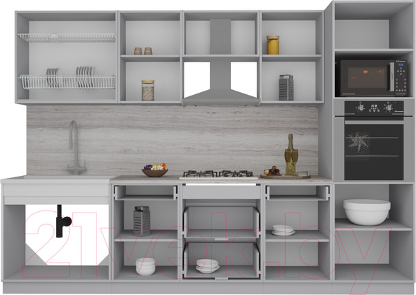 Изображение товара Кухонный гарнитур Интерлиния Мила Gloss 3.0 (белый/керамика/травертин серый)