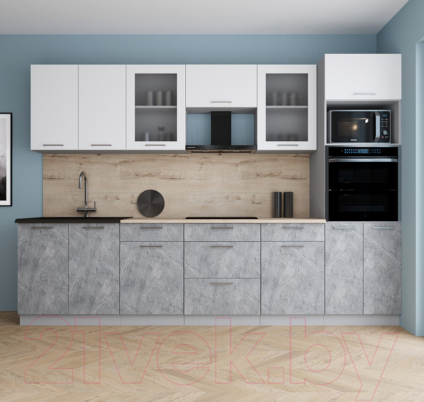 Изображение товара Кухонный гарнитур Интерлиния Мила Gloss 3.0 (белый/керамика/травертин серый)