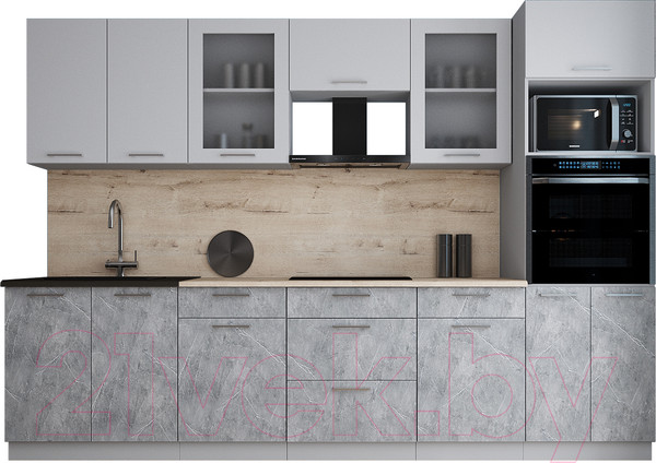 Изображение товара Кухонный гарнитур Интерлиния Мила Gloss 3.0 (грей/керамика/травертин серый)