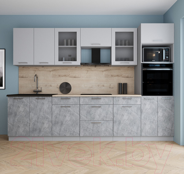 Изображение товара Кухонный гарнитур Интерлиния Мила Gloss 3.0 (грей/керамика/травертин серый)