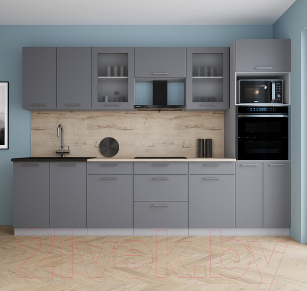 Изображение товара Кухонный гарнитур Интерлиния Мила Gloss 3.0 (серый/серый/травертин серый)