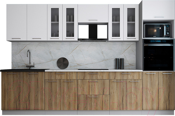 Изображение товара Кухонный гарнитур Интерлиния Мила Gloss 3.2 (белый/дуб вотан/травертин серый)