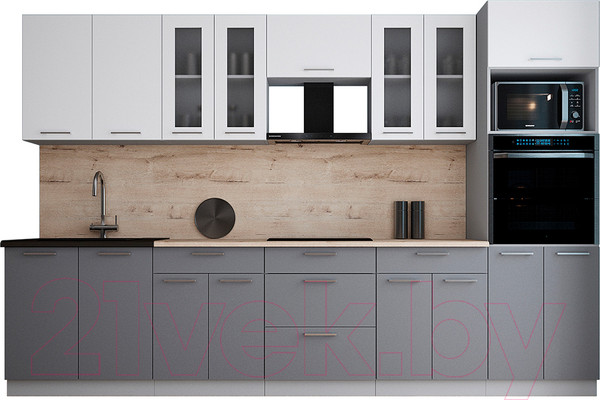 Изображение товара Кухонный гарнитур Интерлиния Мила Gloss 3.2 (белый/серый/травертин серый)