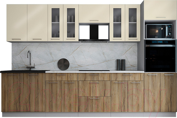 Изображение товара Кухонный гарнитур Интерлиния Мила Gloss 3.2 (ваниль глянец/дуб вотан/травертин серый)