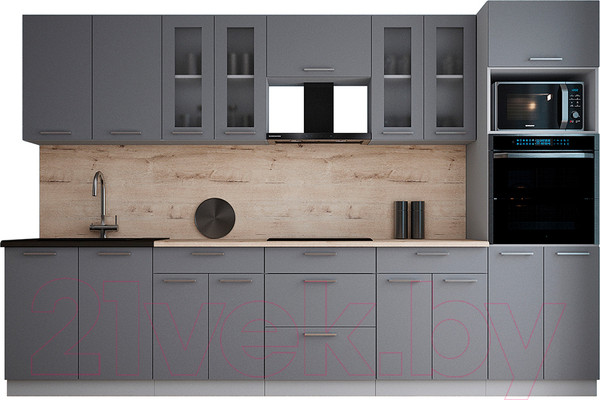 Изображение товара Кухонный гарнитур Интерлиния Мила Gloss 3.2 (серый/серый/травертин серый)