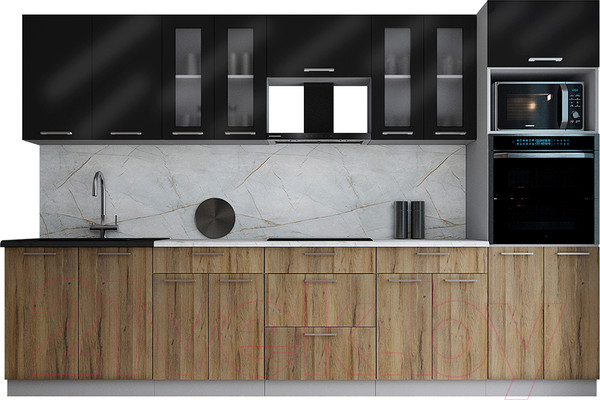 Изображение товара Кухонный гарнитур Интерлиния Мила Gloss 3.2 (черный глянец/дуб вотан/травертин серый)