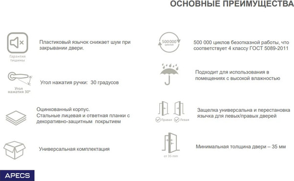Изображение товара Защелка врезная с фиксацией Apecs 5300-M-WC-CRS