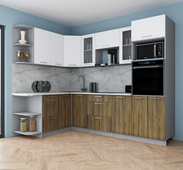 Изображение товара Кухонный гарнитур Интерлиния Мила Gloss 1.68x2.6 левая (белый/дуб вотан/травертин серый)